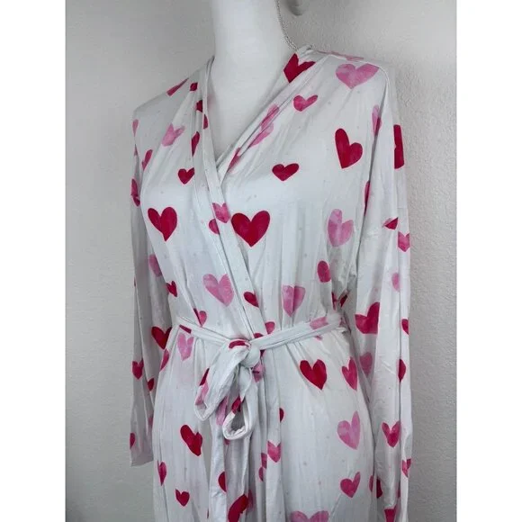 Soma women's large white pink heart print mid length cool nights robe loungewear - Picture 3 of 9